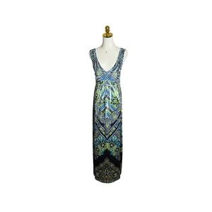 Apt 9 Womens Blue Green Geometric Paisley V-Neck Maxi Dress Rhinestone Size M